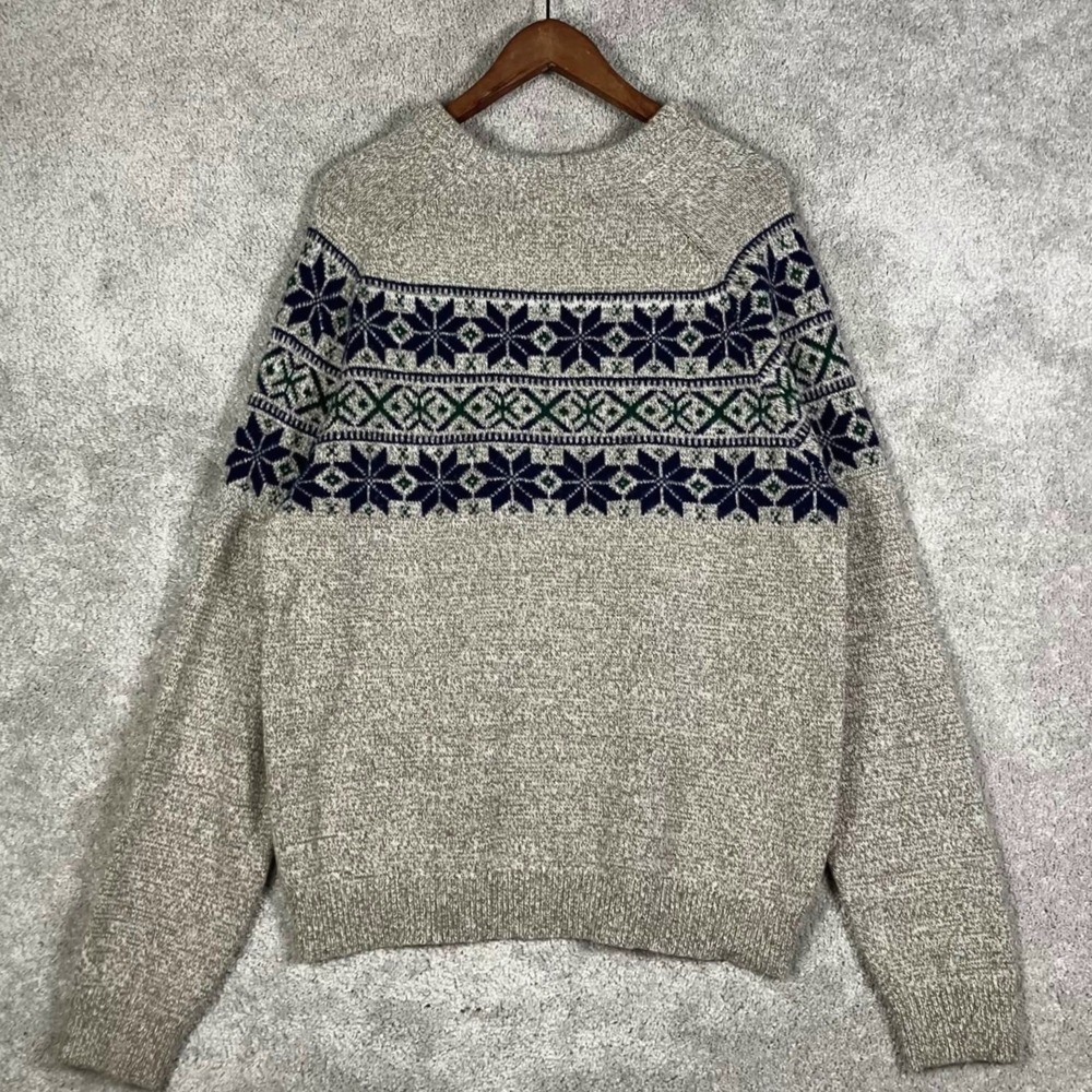 Lands End Mens Large Nordic Fair Isle Wool Blend Crewneck Sweater Beige